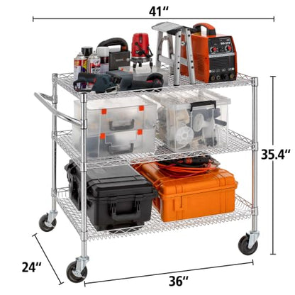 Finnhomy 3 Tier Heavy Duty Commercial Grade Utility Cart, Wire Rolling Cart with Handle Bar, Steel Service Cart with Wheels, Kitchen Carts on Wheels, Metal Cart Shelf Size 24" D x 36" W, NSF, Chrome - size: 36"L x 24"W x 35.4"H-3 Tier, style: Chrome Cart