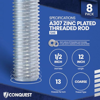 Conquest A307 Zinc Plated Threaded Rod 1/2"-13 x 12 - size: 1/2"-13 x 1'