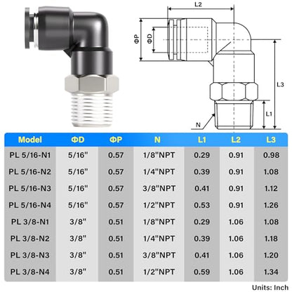 TAILONZ 3/8" x 3/8" NPT Push to Connect Elbow Fitting 10Pcs - size: 3/8" OD 3/8" MNPT