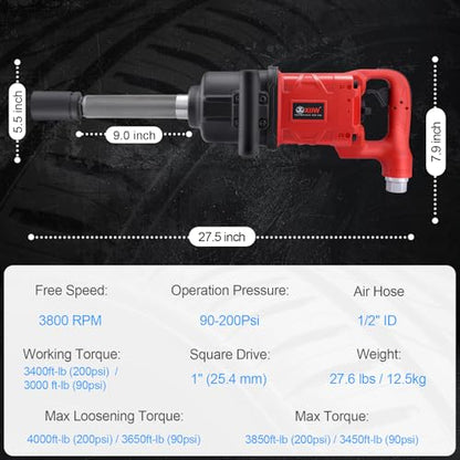 XIIW 1 Inch Air Impact Wrench, Up to 4000 ft-lbs High Reverse Torque - size: 1 Inch | 4000 ft-lbs w/9" Extended Anvil
