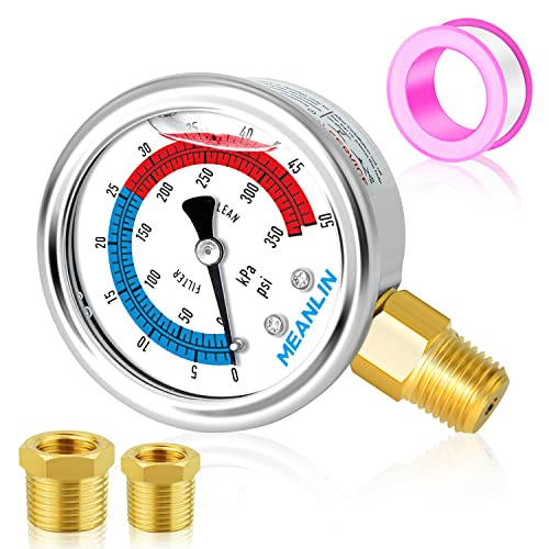 MEANLIN MEASURE 1/4" NPT 0-50psi Pressure Gauge, 2" Dial Glycerine Filled Pool Filter, 304 Stainless Steel Housing, Lower Mount, with 1/2" NPT and 3/8" NPT Hex Bushing - size: 0-50Psi/0-350Kpa, style: Lower Mount