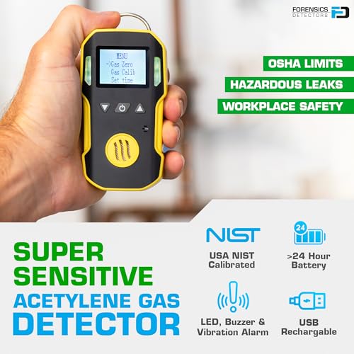 Acetylene Gas Detector (C2H2) by Forensics | USA NIST Calibration & Certificate | Dust & Explosion Proof | USB Recharge | Sound, Light and Vibration Alarms | 0-100 ppm |