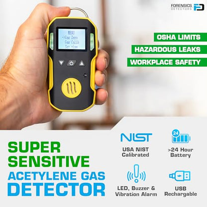 Acetylene Gas Detector (C2H2) by Forensics | USA NIST Calibration & Certificate | Dust & Explosion Proof | USB Recharge | Sound, Light and Vibration Alarms | 0-100 ppm |