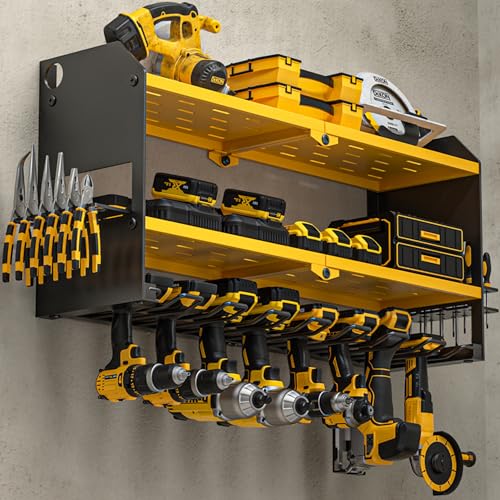 YYR Power Tool Organizer Wall Mount, Cordless Drill and Battery Holder, Electric Tools Hanger Storage Rack with Charging Station, Garage Organization Floating Shelf - Made of Heavy Duty Metal, Yellow - color: Yellow, size: without Power Strip