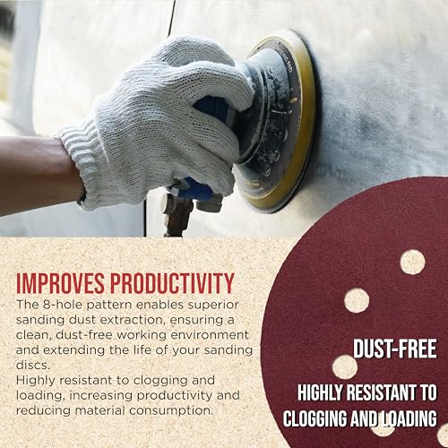 ProductionShop Premium 5" Red 8-Hole Pattern 180 Grit Sanding Discs, Box of 50 - Dustless Hook & Loop Backing Sandpaper for Random Orbital Sanders, Fine-Cut Abrasive - Woodworking, Sand Auto Paint - style: 180 Grit