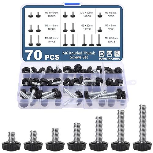 70PCS M6 Thumb Screws, Thumbscrew Set Carbon Threaded Knurled Knob Mounting Screw Grip Knobs Handle Bolts Round Clamping Screws Hose Clips for Kinds of Stand and Machine - size: M6