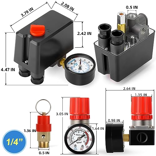 MEANLIN MEASURE Air Compressor Pressure Switch Control Valve 120-150 PSI 110V-240V 4-way Replacement Parts With 0-200 Psi Air Compressor Regulator and Safety Pressure Relief Valve - style: Adjustable Model