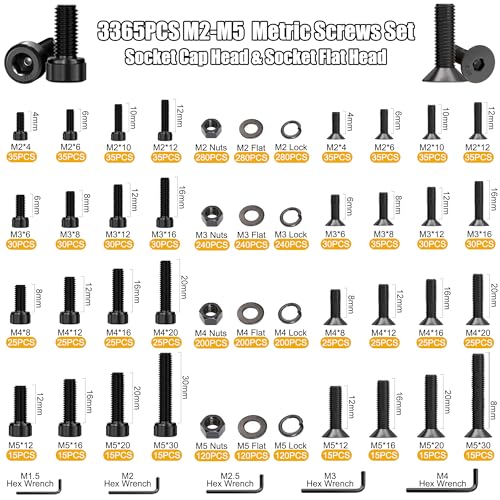 ZTF 3745PCS Metric Bolt Assortment Kit, M2-M10 Hex Socket Screws & Nuts - size: Flange+Flat+Button Head 3745Pcs