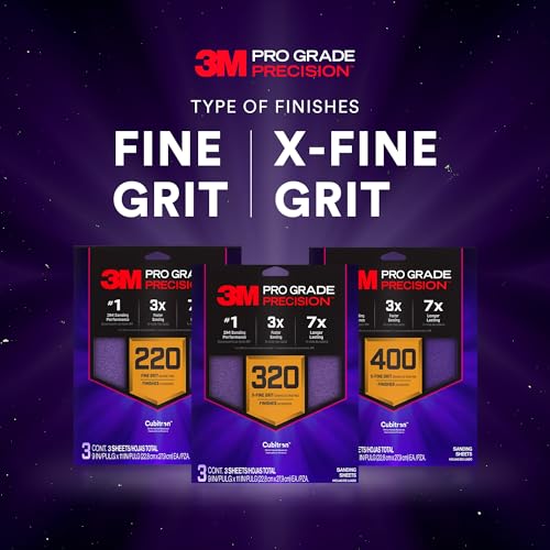 3M Pro Grade Precision Faster Sanding Sheets, NO-Slip Grip Backing, Assorted Grits 220/320/400, 9" x 11", 3 Sheets Each, 9 Total - style: Assorted Grits 220/320/400, 3 Sheets Each, 9" x 11"