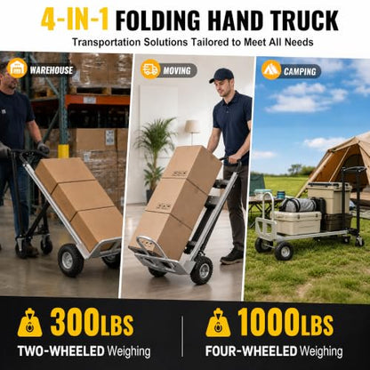 4 in 1 Folding Hand Truck, 1000lbs Capacity Dolly Cart Industrial Convertible Heavy Duty with Retractable Handle and 4 Rubber Wheels, Collapsible Cart for Moving Home, Office, Warehouse Black - color: Silver+black-1000