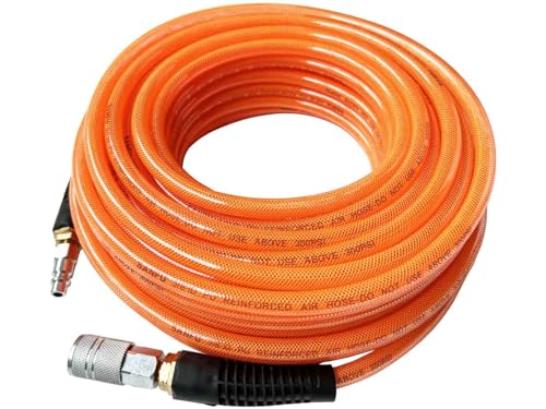 SANFU Polyurethane(PU) Reinforced 3/8”ID x 100ft, Air Hose, Non-kinking With 3/8” Reassembled Industrial High Flow Quick Coupler and Plug, Bend Restrictor, Transparent Orange(100’) - color: Orange, size: 100FT