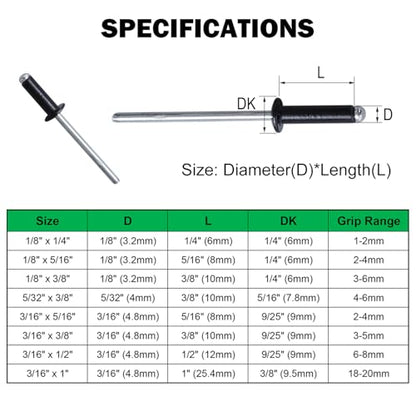 Maozaa 100 PCS 1/8" x 3/8" Aluminum Blind Rivets, 3.2 x 10mm Pop Rivets, Black - color: Black, size: 1/8" x 3/8"