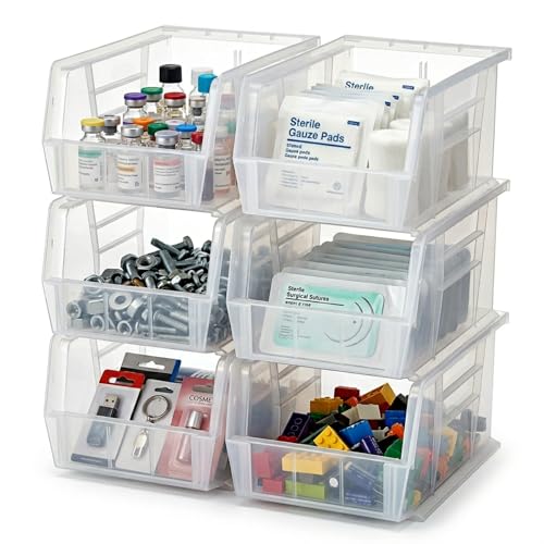 Quantum Storage QUS239 Heavy-Duty Stackable Plastic Storage Bins for Workshop, Warehouse & Garage, Ultra Stack & Hang, 10-3/4" x 8-1/4" x 7", Clear, 6-Pack - color: Clear