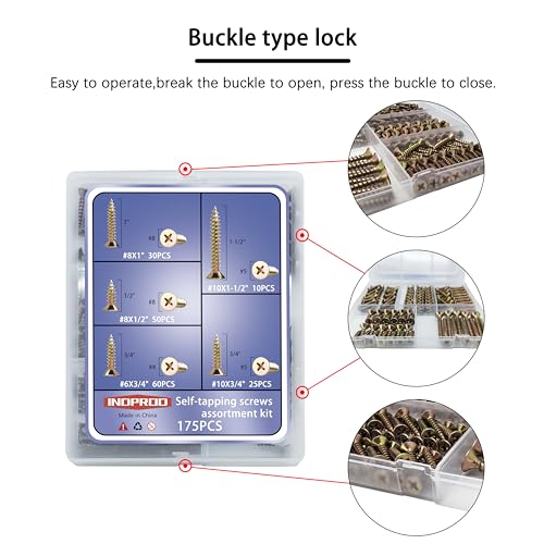 Wood Screws Assortment Kit, 175Pcs, #6#8#10 Self Tapping Screws, Yellow Zinc Plated, Flat Head Phillips Screws Set, Assorted Screws, Screw Assortment, Length 1/2, 3/4, 1, 1-1/2 Inch, Gold - size: #6#8#10 Screws Kit (1/2"-1-1/2")