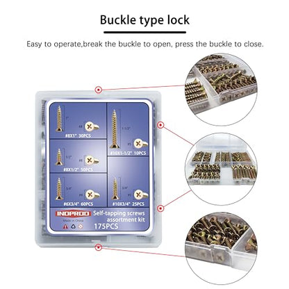 Wood Screws Assortment Kit, 175Pcs, #6#8#10 Self Tapping Screws, Yellow Zinc Plated, Flat Head Phillips Screws Set, Assorted Screws, Screw Assortment, Length 1/2, 3/4, 1, 1-1/2 Inch, Gold - size: #6#8#10 Screws Kit (1/2"-1-1/2")