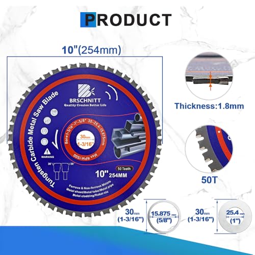 10" Metal Cutting Circular Saw Blade - BRSCHNITT Tungsten Carbide Tipped TCT Saw Blades for Iron, Iron Pipe, Ferrous Metals 50T Arbor:1-3/16"/1"/5/8" - size: 254MM（10"）