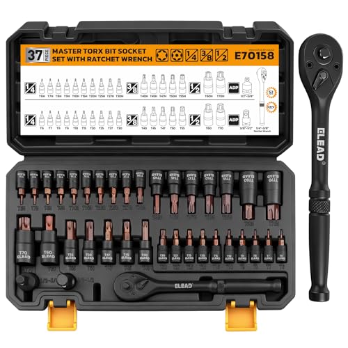 37-Piece Master Torx Bit Socket Set, 1/4", 3/8", 1/2" Drive Star & Tamper Proof T6-T70, T6H-T70H, Premium CR-V & S2 Alloy Steel, Ratchet Wrench, Sockets Adapter, High Torque for Automotive Mechanic - color: 37pcs Torx Bit Socket Set Black