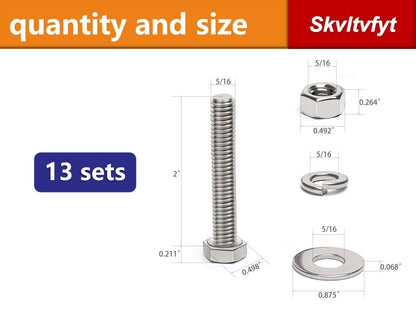 (13 Sets) 5/16-18 x 2" Hex Head Screw Bolt, Nuts, Flat Washer & Spring Lock Washers, 18-8 (304) Stainless Steel, Fully Threaded, by Skvltvfyt - size: 5/16-18x2" (13 Sets)