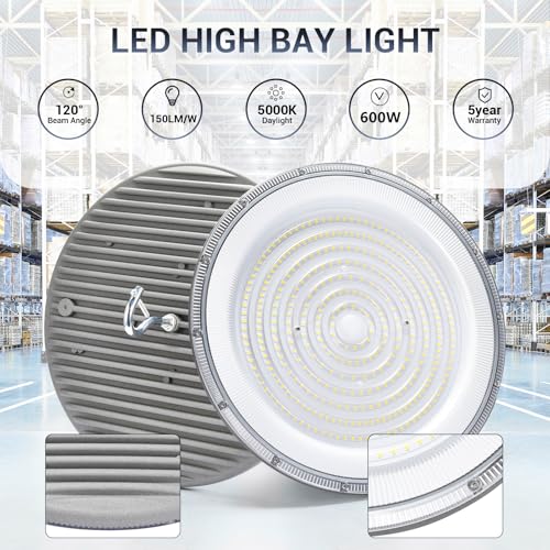 XYCN 2 Pack 600W UFO Led High Bay Light,120VAC,5000K Daylight Commercial Bay Lighting,IP66 Waterproof,85050LM,2550W MH/HPS with Plug Area Lighting for Warehouse/Shop/Workshop/Barn/Gym/Factory - size: 600W 2pack UFO high bay light