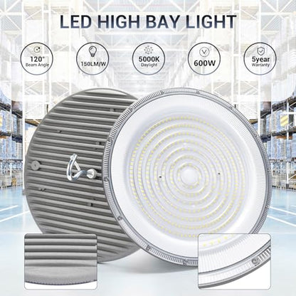 XYCN 2 Pack 600W UFO Led High Bay Light,120VAC,5000K Daylight Commercial Bay Lighting,IP66 Waterproof,85050LM,2550W MH/HPS with Plug Area Lighting for Warehouse/Shop/Workshop/Barn/Gym/Factory - size: 600W 2pack UFO high bay light