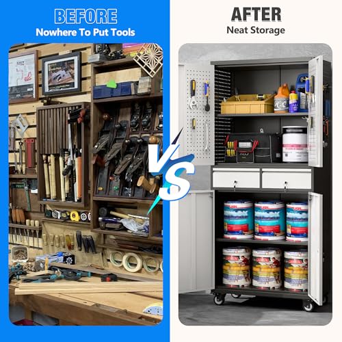 Aobabo Metal Garage Cabinet with 2 Drawers, Wheels & Pegboard, Black Silver - color: Black Silver, size: 15.1"D x 30"W x 71"H