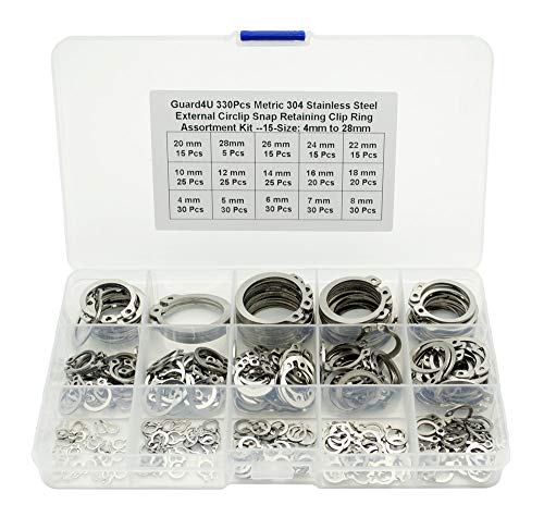 330Pcs 15-Size Metric 304 Stainless Steel External Circlip Snap Retaining Clip Ring Assortment Kit - 4mm to 28mm