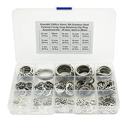 330Pcs 15-Size Metric 304 Stainless Steel External Circlip Snap Retaining Clip Ring Assortment Kit - 4mm to 28mm