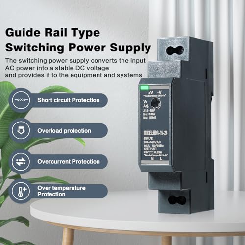 DIN Rail Power Supply, 15W 24VDC 0.63A Switching Power Supply with Overload Protection and Stable DC Output (HDR-15-24)
