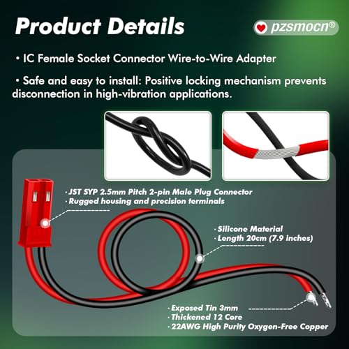 20 Pieces JST SYP 2.5mm 2 Pin 22AWG Flexible Silicone Connector Kit - size: 2-Pin, style: JST-SYP-M