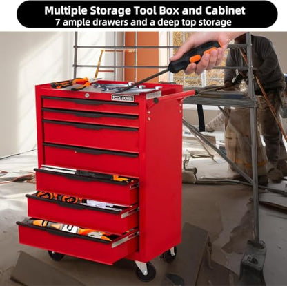 7-Drawer Toolbox with Wheels, Rolling Toolbox - color: Red-7
