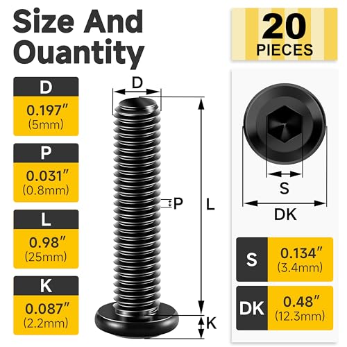 Mywish M5 x 25mm 20Pcs Flat Head Hex Socket Cap Screws Bolts, 304 Stainless Steel Furniture Bolts Full Thread & Hex Spanner, Black Zinc - color: Black-M5, size: 25mm