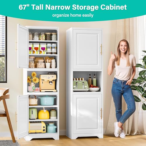 SISESOL 67" Tall Narrow Storage Cabinet with 2 Door and 7 Shelves,Slim Kitchen Pantry Cabinet,White Metal Bathroom Cabinets,Large Cupboard for Home,Kitchen,Laundry,Bathroom - color: White, size: 20"W