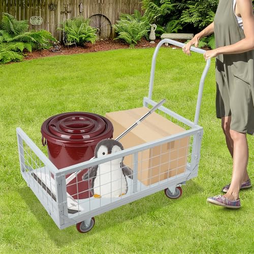 2200lbs Heavy Duty Platform Truck Cart, Steel Panel Truck, 4-in-1 Convertible, 38x23in Cage, Multi-Purpose Push Cart with Swivel & Brake Casters, for Groceries Garage Warehouse - color: Silver, size: 2200lbs