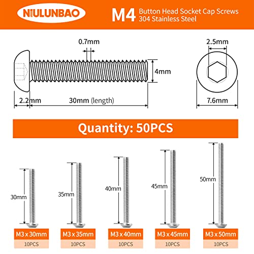 M4 x 30mm 35mm 40mm 45mm 50mm Button Head Socket Cap Screws Bolts, 304 Stainless Steel, Machine Fully Threaded, Metric Allen Hex Drive, Bright Finish, Assortment Kit 50PCS - size: M4 x 30/35/40/45/50mm (50PCS)