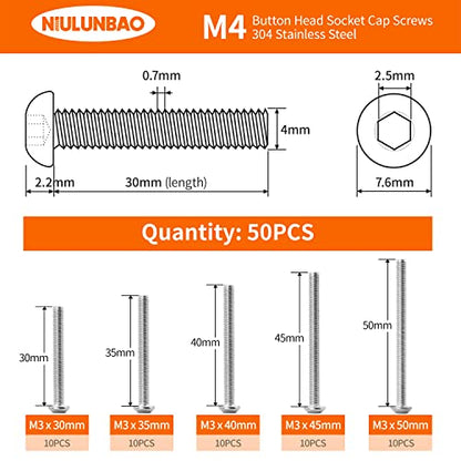 M4 x 30mm 35mm 40mm 45mm 50mm Button Head Socket Cap Screws Bolts, 304 Stainless Steel, Machine Fully Threaded, Metric Allen Hex Drive, Bright Finish, Assortment Kit 50PCS - size: M4 x 30/35/40/45/50mm (50PCS)