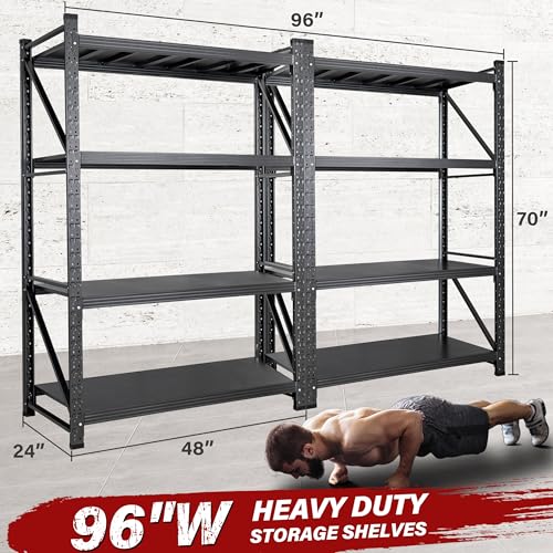 Set of 2 48" Wide Heavy Duty Garage Shelving Units,3000LBS 24 Deep Storage Shelves,Metal Garage Shelves,Large Storage Rack,Steel Shelf,Industrial Shelving for Shop,Warehouse,48" W x 24" D x 70" H - color: Matte Black, size: 96"Wx24"Dx70"H