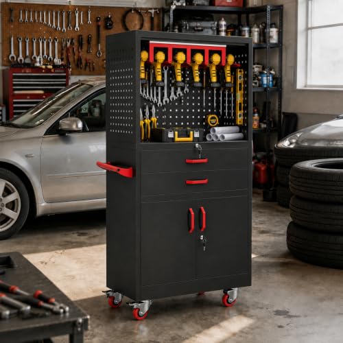 Mobile Tool Cart, Tool Chest with Locking Wheels, Charging Station - color: Upgraded Red