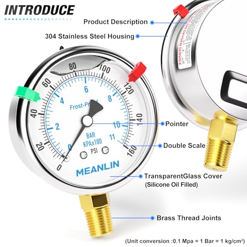 MEANLIN MEASURE 0~160Psi Stainless Steel Liquid Filled Pressure Gauge 1/4" NPT 2.5" FACE DIAL Silicone Oil Filled, WOG Water Oil Air Lower Mount (with 2PCS Snaps) - size: 0-160Psi
