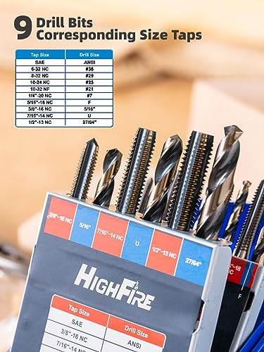 HIGHFIRE 18pcs SAE Drill and Tap Set with 1 Piece T-Handle Ratchet Tap Wrench Capacity Range #0-1/4", Black and Gold Premium HSS Jobber Length Drill Bits and Hand Plug Taps with Metal Indexed Box - size: 18 SAE set