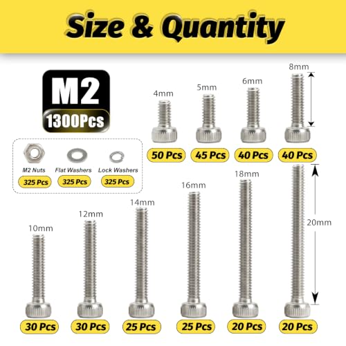 1300PCS M2 Hex Socket Screw Kit,M2x4/5/6/8/10/12/14/16/18/20mm - size: SS M2 1300Pcs 4-20MM