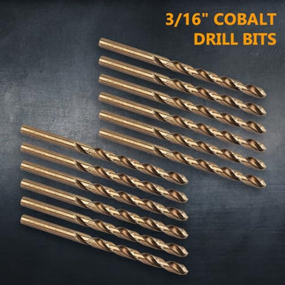 POWERTEC 3/16" Cobalt Drill Bits - 24 Pack - 3-1/2" Length - M35 HSS Jobber Length Twist Bits with 135° Tip for Drilling Wood, Metal, Stainless Steel, Nickel Alloy, Cast Iron & Plastic (QDB2015-P2) - style: 24PK 3/16" Cobalt Drill Bit (3-1/2" L)