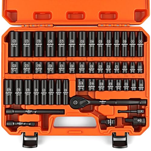 HORUSDY 50-Piece 3/8" Drive Impact Socket Set, Standard SAE (5/16 to 3/4 inch) and Metric (8-22mm) Size, 6 Point, Cr-V, 3/8-Inch Drive Ratchet Wrench, Drive Extension Bar, Impact Universal Joint - color: 50 Pcs 3/8" Orange