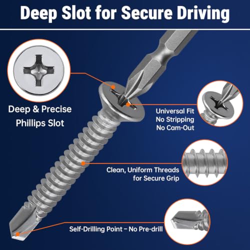 #12 x 1-1/2" Phillips Flat Head Sheet Metal Screws, Stainless Steel 410 Self Drilling Screws for Metal, Countersunk Head, Phillips Drive, Self Tapping, 50 Pack - size: #12 x 1-1/2"