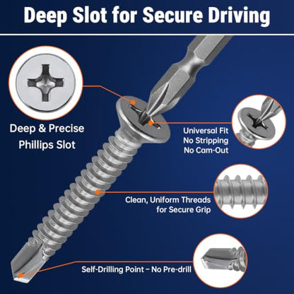 #12 x 1-1/2" Phillips Flat Head Sheet Metal Screws, Stainless Steel 410 Self Drilling Screws for Metal, Countersunk Head, Phillips Drive, Self Tapping, 50 Pack - size: #12 x 1-1/2"