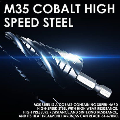 Matework 4 Spiral Flute Step Drill Bit Set, M35 Cobalt Unibit 3Pcs - size: 1/8"-7/8"