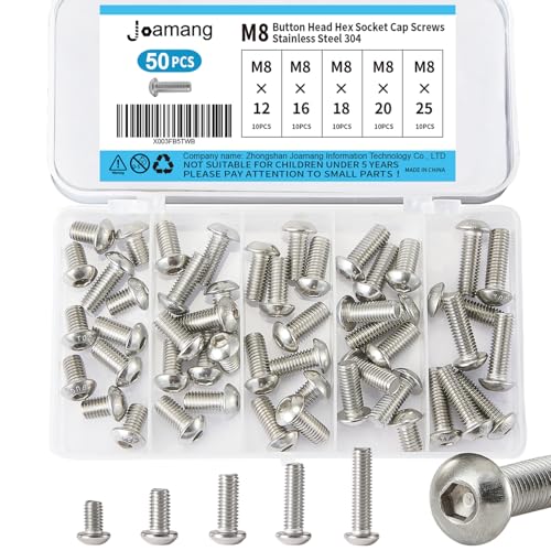 M8 x 12mm 16mm 18mm 20mm 25mm Button Head Socket Cap Screws Bolts, Stainless Steel 304, Metric Allen Hex Drive, Bright Finish, Fully Threaded, Assortment Kit 50PCS - size: Button M8x12-25 mm