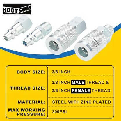 3/8 Inch Body Air Hose Quick Connect Fittings, 3/8" NPT Threads and 1/4" NPT Threads Couplers and Plugs, I/M Industrial Type 24PCS Air Compressor Accessories Kit