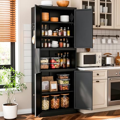 AQY Metal Pantry Cabinet, 72" Black Kitchen Storage Cabinet with Doors - color: Black, style: H72" - 4 Doors Wire Hole Hooks & Vents