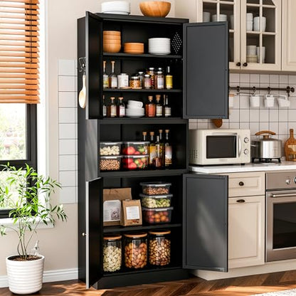 AQY Metal Pantry Cabinet, 72" Black Kitchen Storage Cabinet with Doors - color: Black, style: H72" - 4 Doors Wire Hole Hooks & Vents