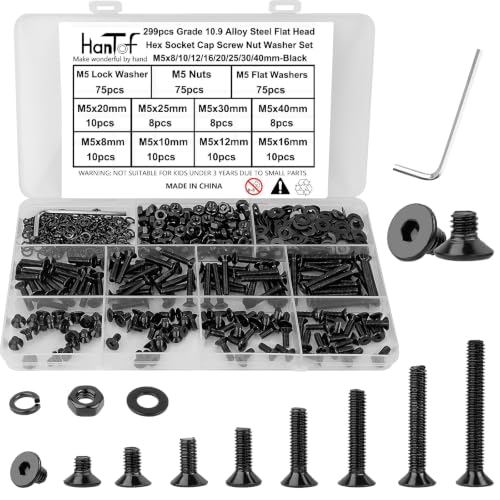 299Pcs M5 Flat Head Hex Socket Cap Screws Assortment, M5 x 8/10/12/16/20/25/30/40mm Internal Hex Drive Allen Bolts, Nuts, Flat & Lock Washers, Black Grade 10.9 Alloy Steel, Fully Threade Pitch: 0.8mm